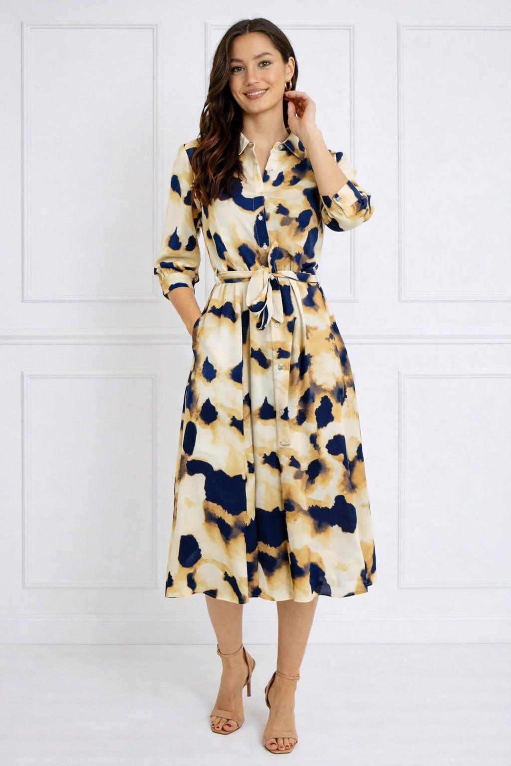 Ink Wash Print Belted Midi Shirt Dress by LOVE SUNSHINE
