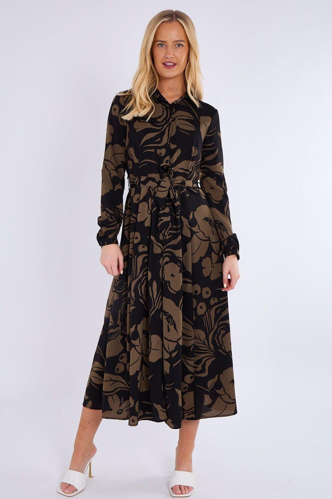 Khaki Abstract Floral Print Midaxi Shirt Dress by LOVE SUNSHINE