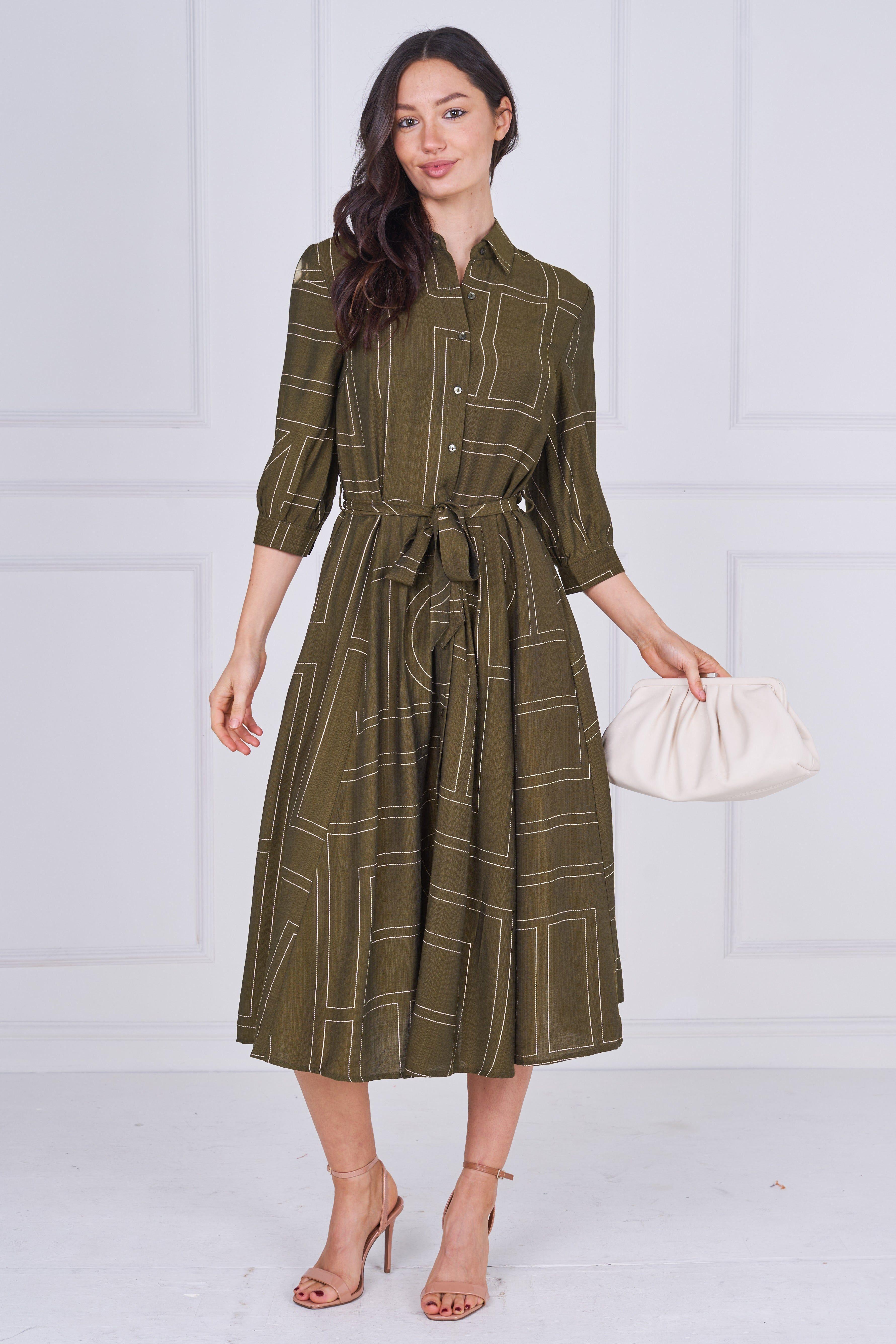 Khaki Green Contemporary Line Print Shirt Dress by LOVE SUNSHINE