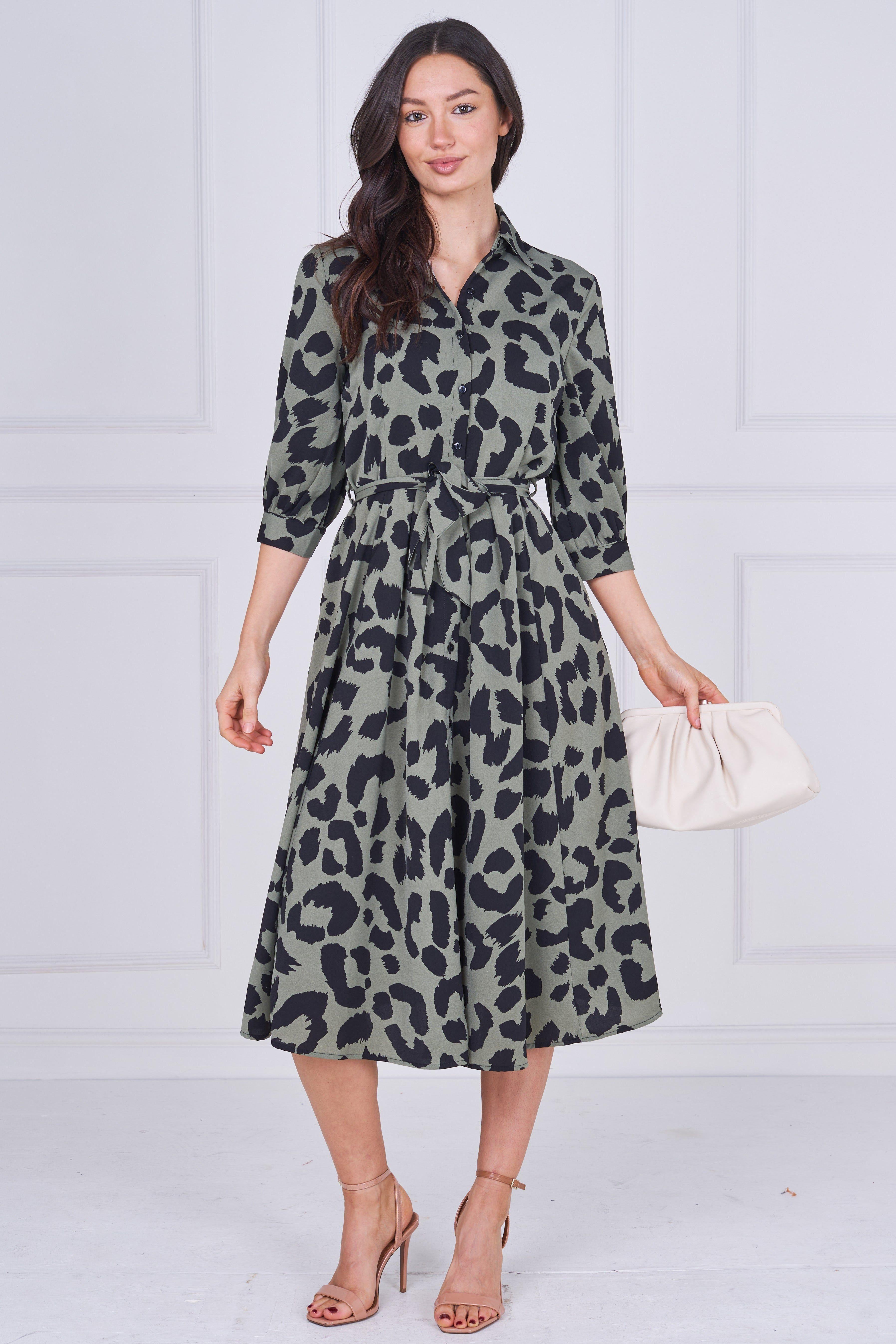 Khaki Leopard Print Half Sleeve Midi Shirt Dress by LOVE SUNSHINE