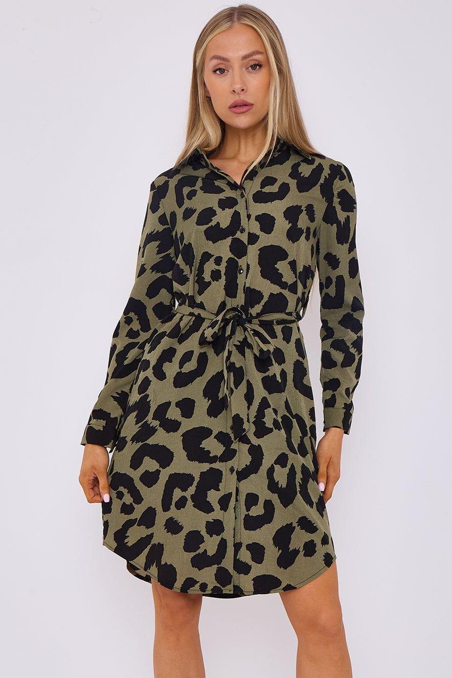 Khaki Leopard Print Mini Shirt Dress by LOVE SUNSHINE