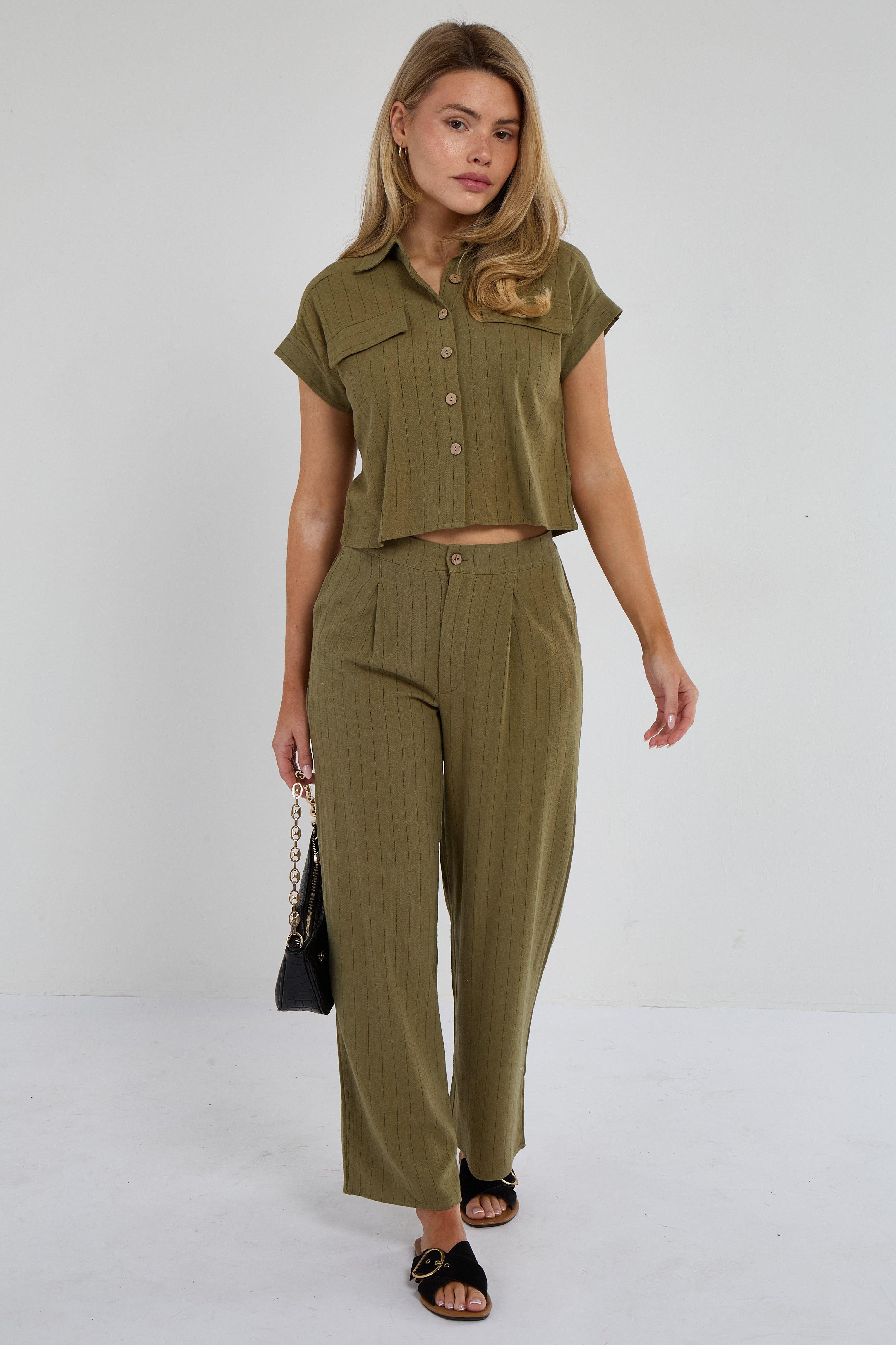 Khaki Pinstripe Linen Shirt and Trousers set by LOVE SUNSHINE