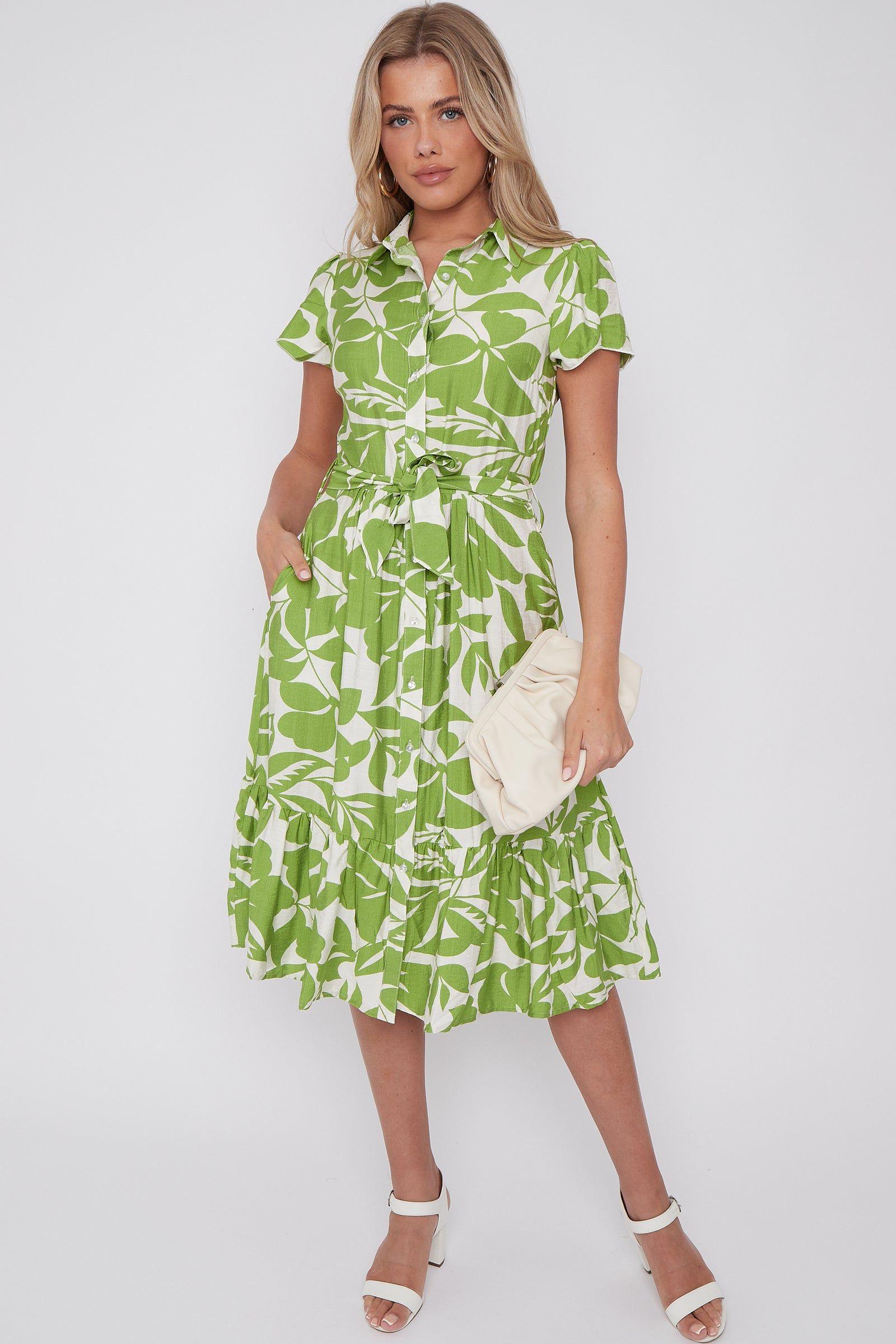 Lime Green Leaf Printed Short Sleeve Midi Dress by LOVE SUNSHINE
