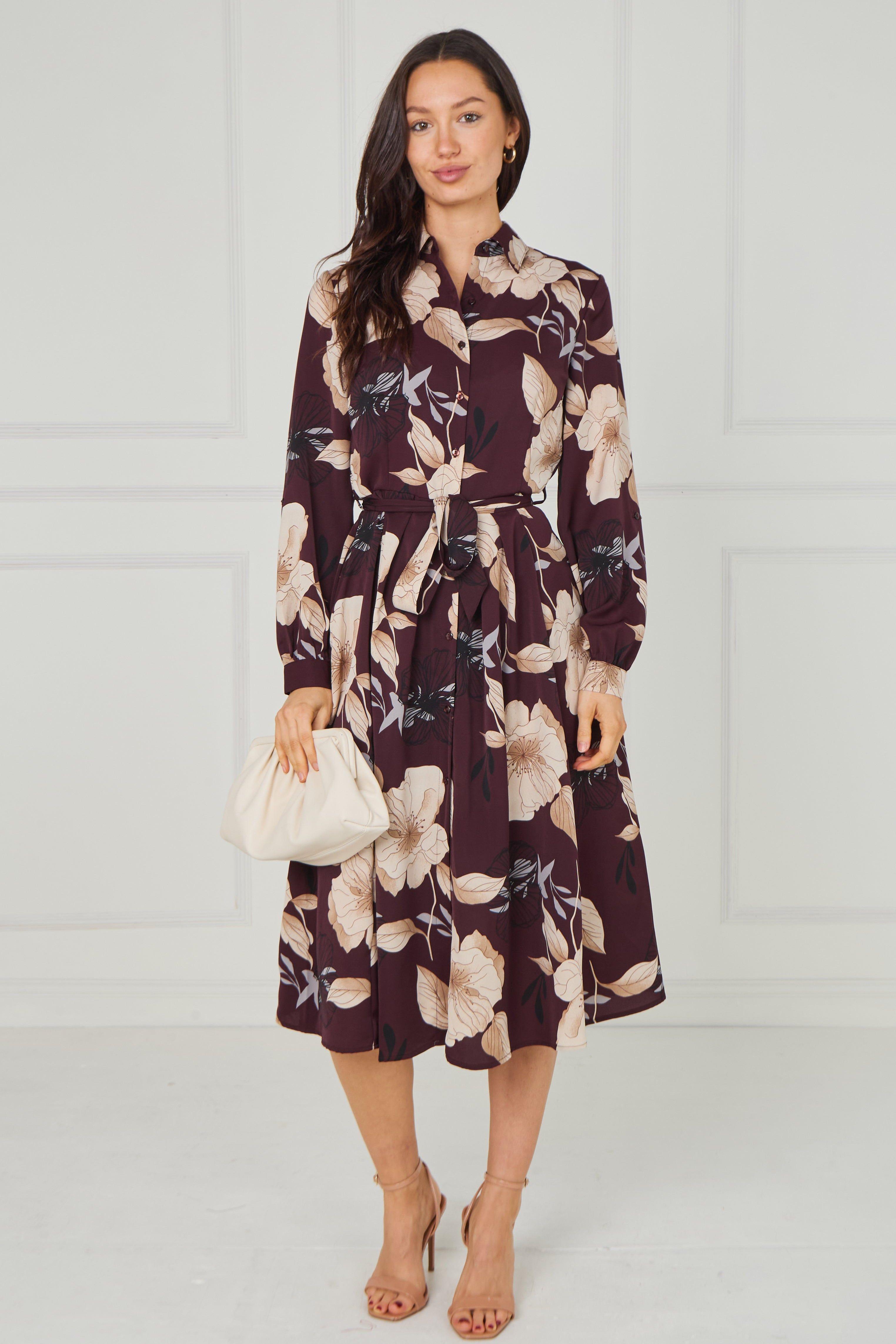 Maroon Floral Print Midi Shirt Dress by LOVE SUNSHINE