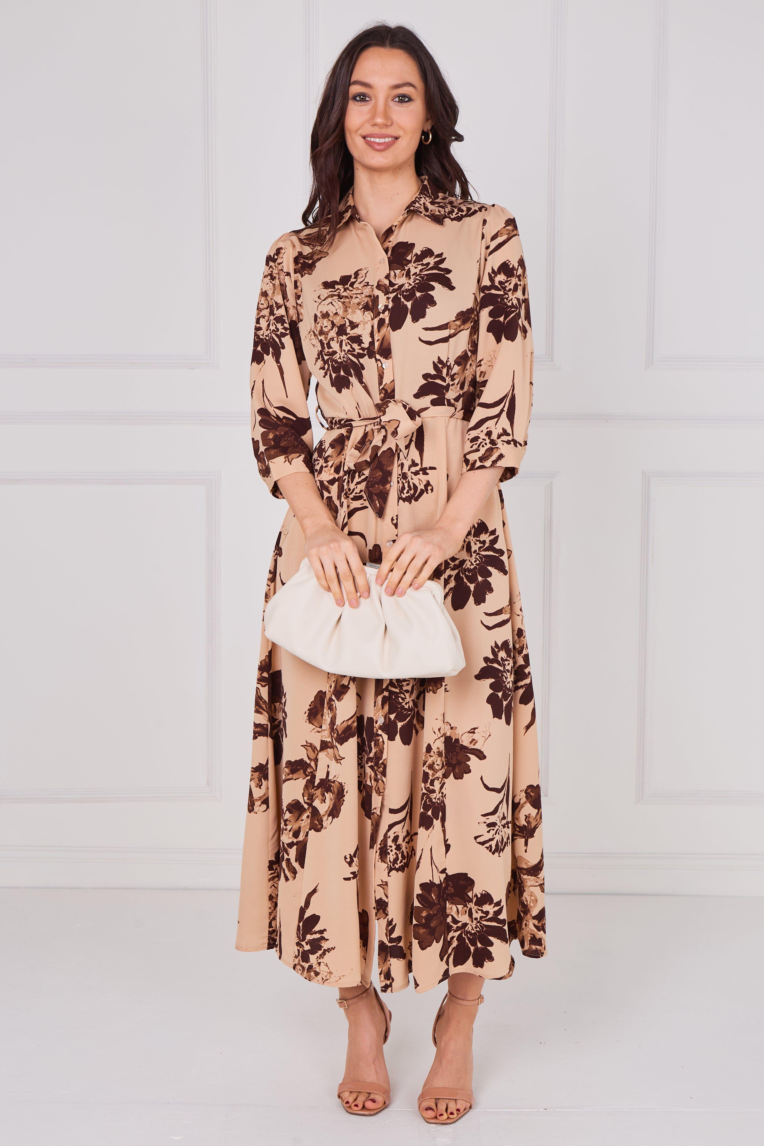 Mocha Bloom Print Belted Maxi Shirt Dress by LOVE SUNSHINE