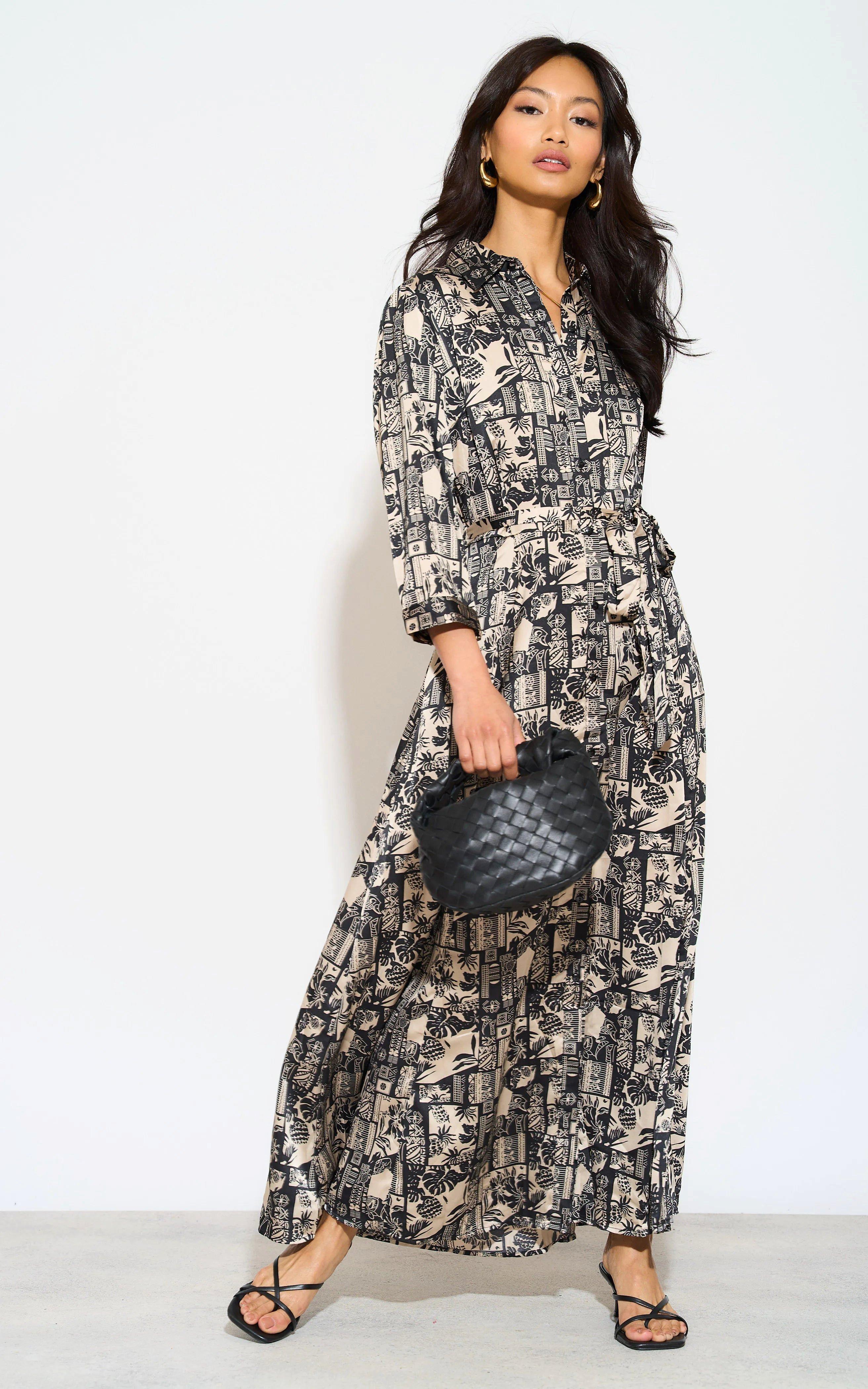 Mono Mixed Scarf Print Satin Maxi Shirt Dress by LOVE SUNSHINE
