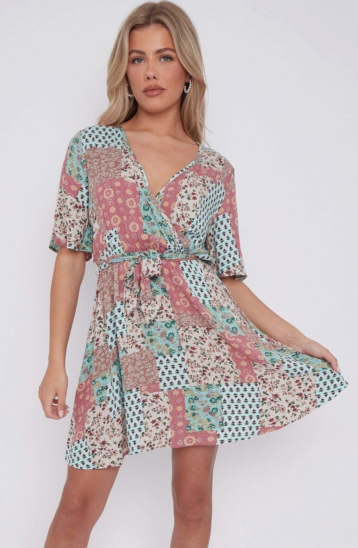 Multi Floral Patch Print Wrapped Mini Dress by LOVE SUNSHINE