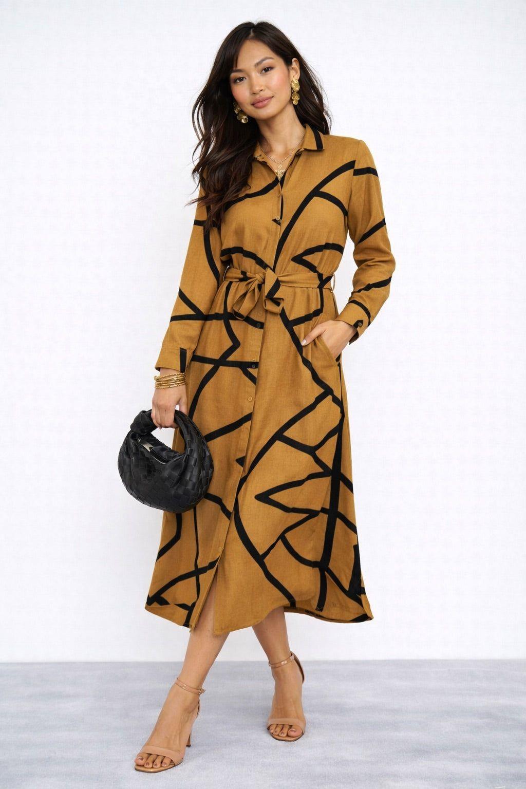 Mustard Abstract Line Print Belted Shirt Dress by LOVE SUNSHINE
