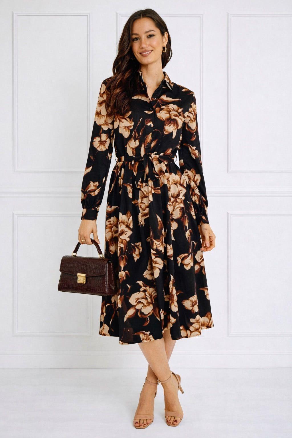 Navy Botanical Print Belted Midi Shirt Dress by LOVE SUNSHINE