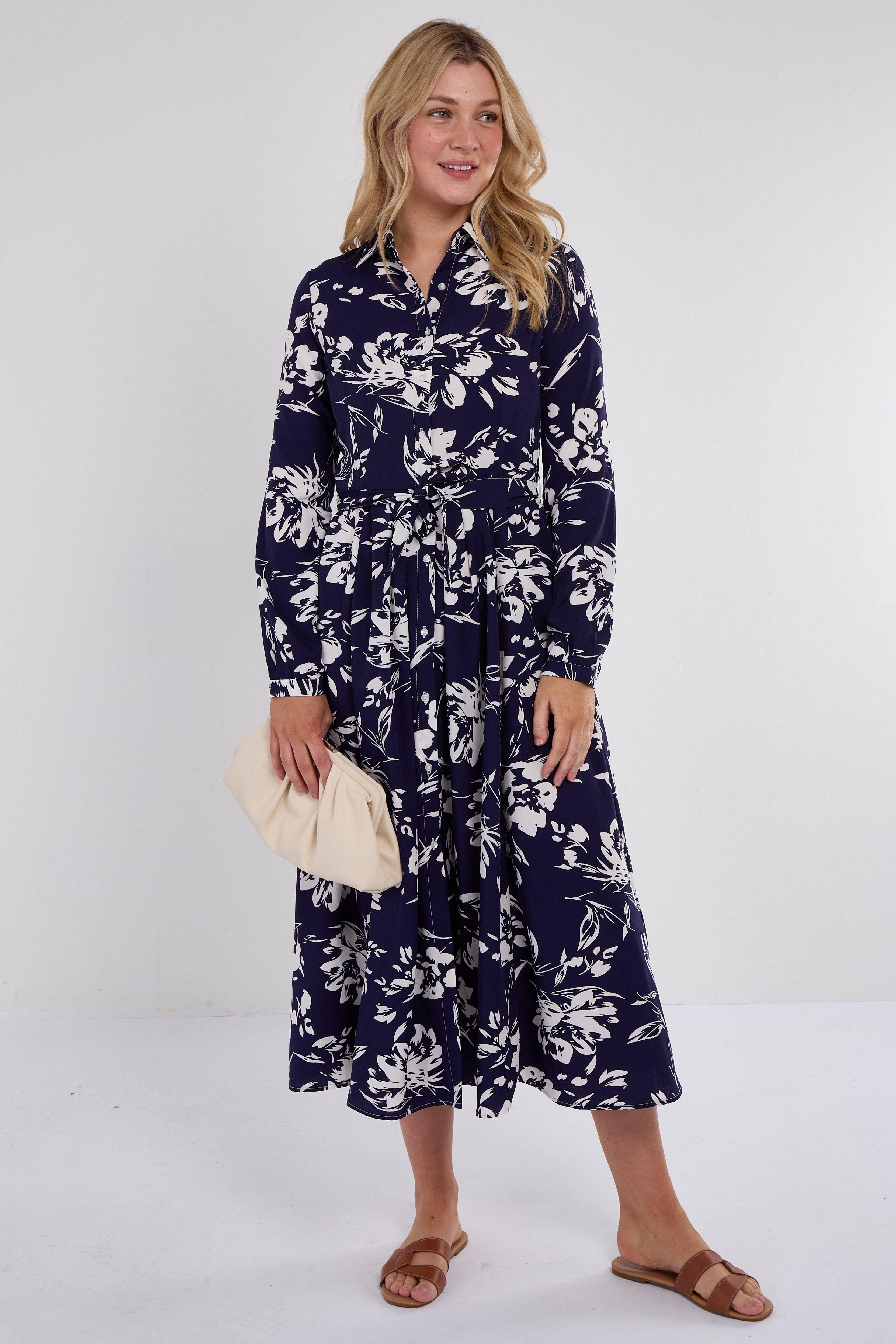 Navy Floral Print Midaxi Shirt Dress by LOVE SUNSHINE