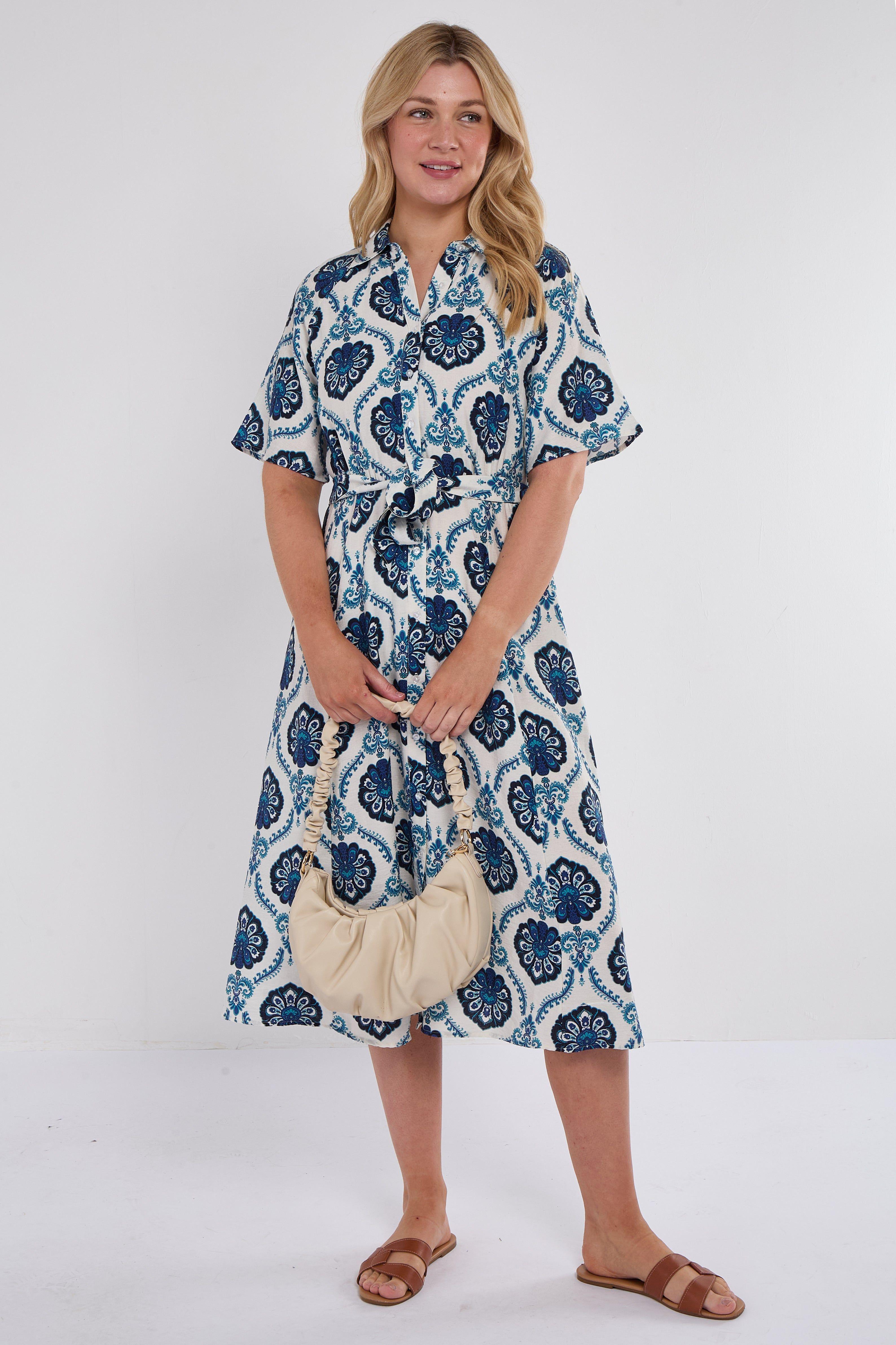 Navy Floral Tile Print Short Sleeve Midi Shirt Dress by LOVE SUNSHINE