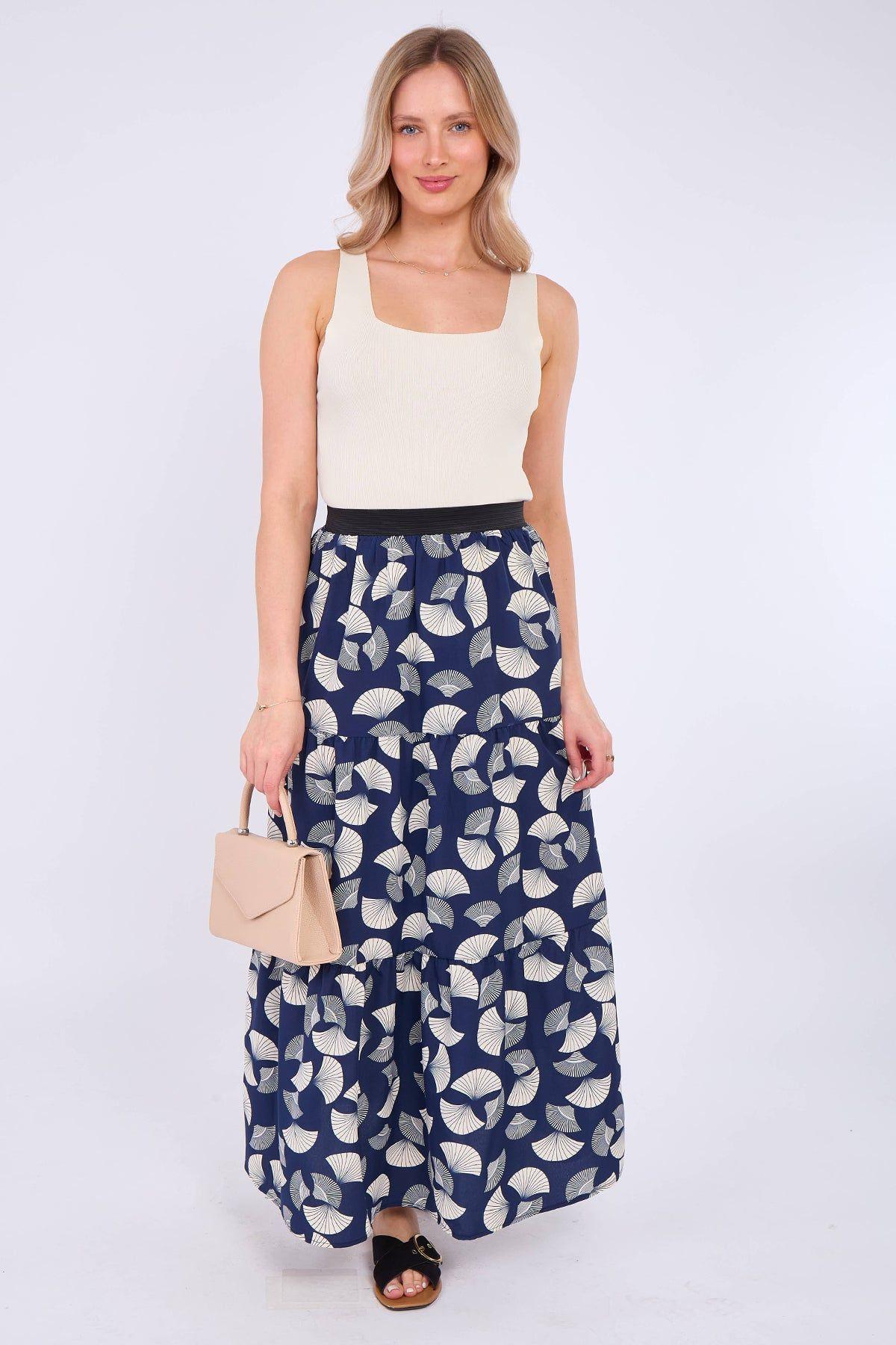 Navy Ginkgo Print Tiered Maxi Skirt by LOVE SUNSHINE