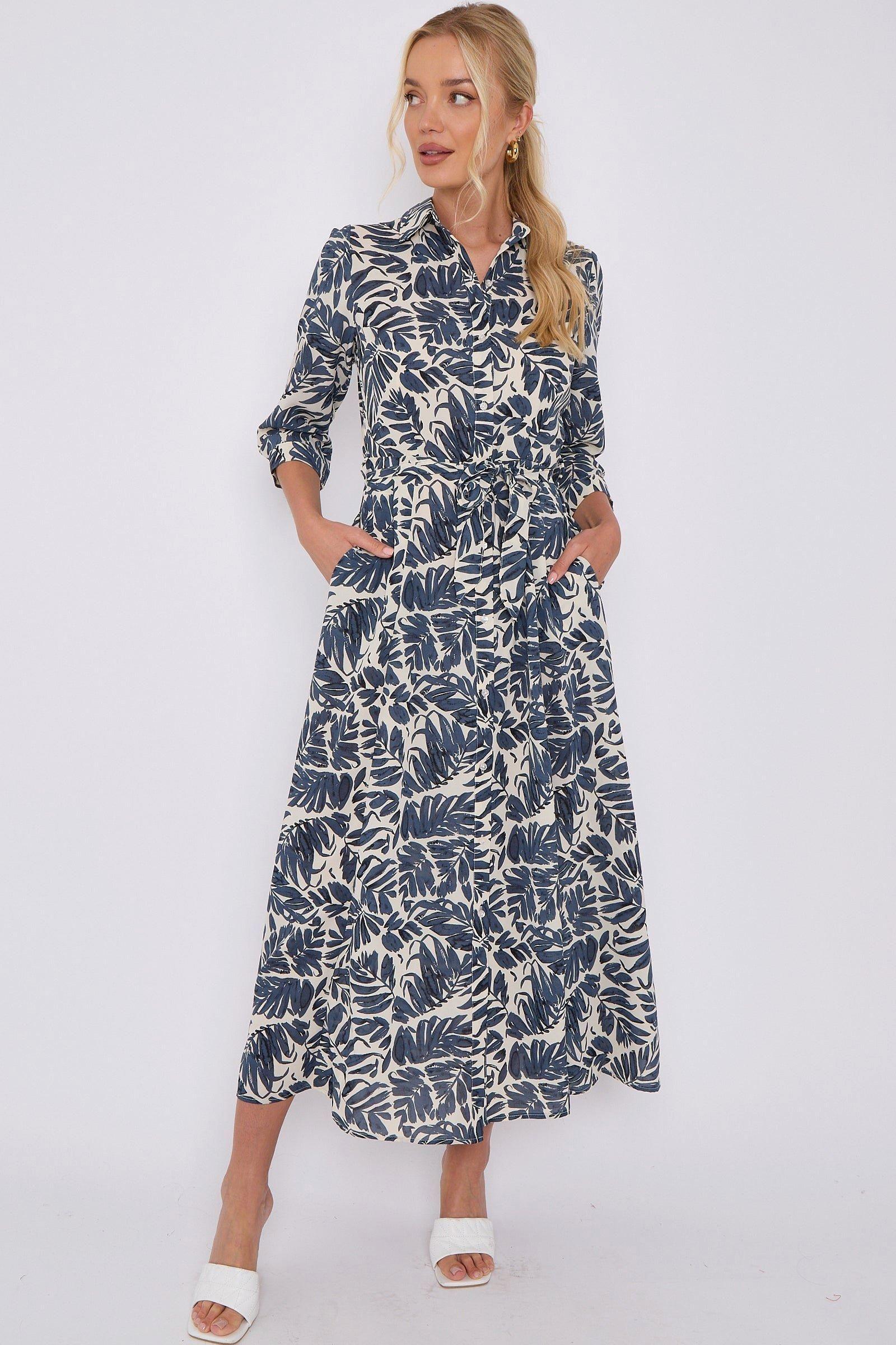 Navy Leaf Print Maxi Shirt Dress by LOVE SUNSHINE