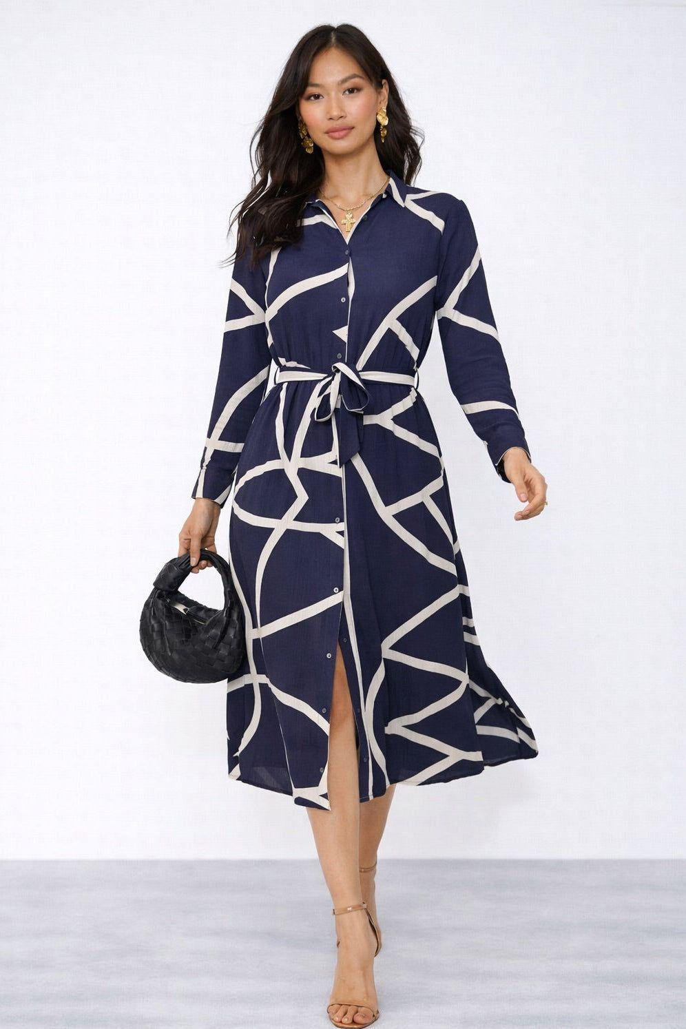Navy Modern Line Print Belted Shirt Dress by LOVE SUNSHINE