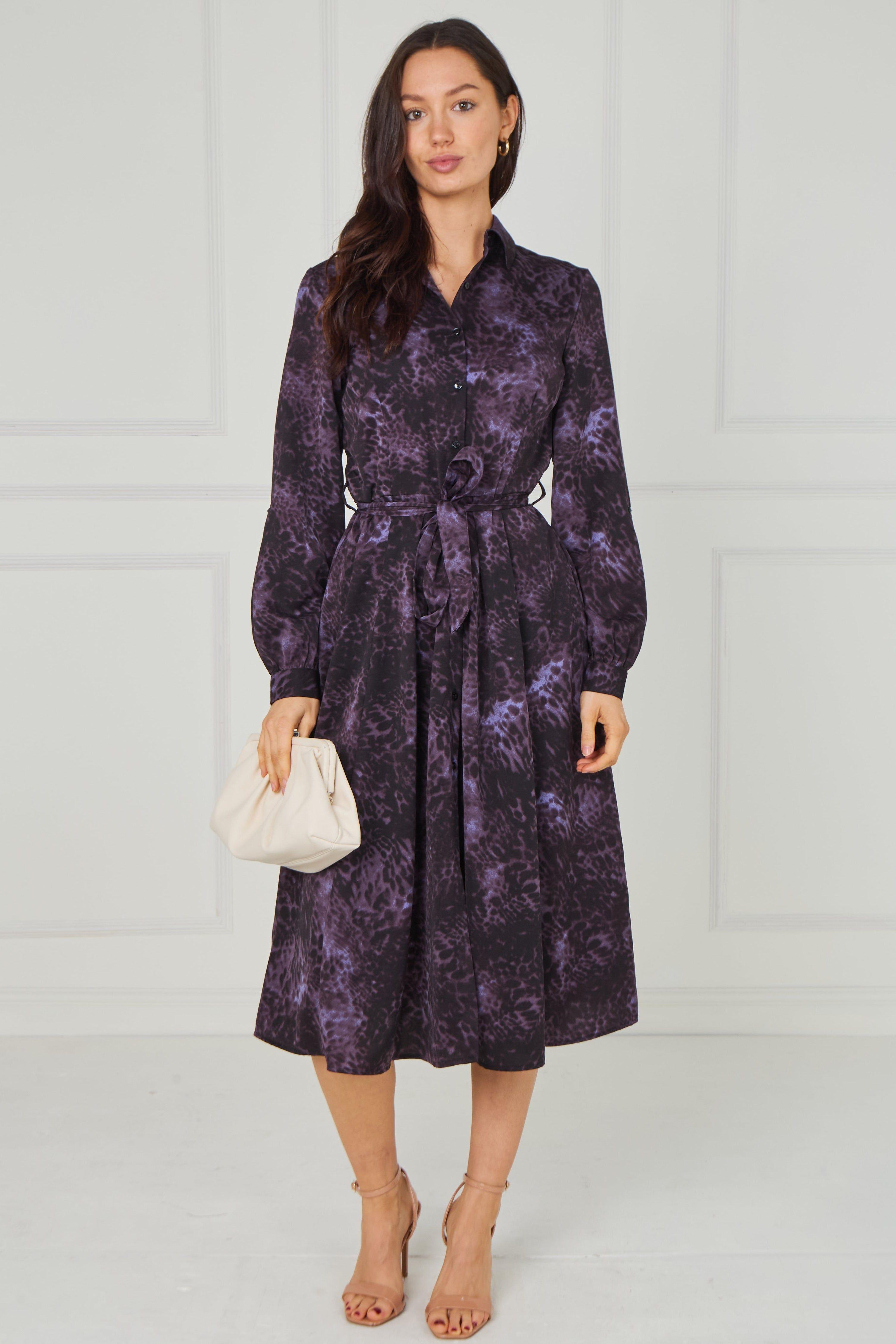 Purple Leopard Smudge Print Midi Shirt Dress by LOVE SUNSHINE