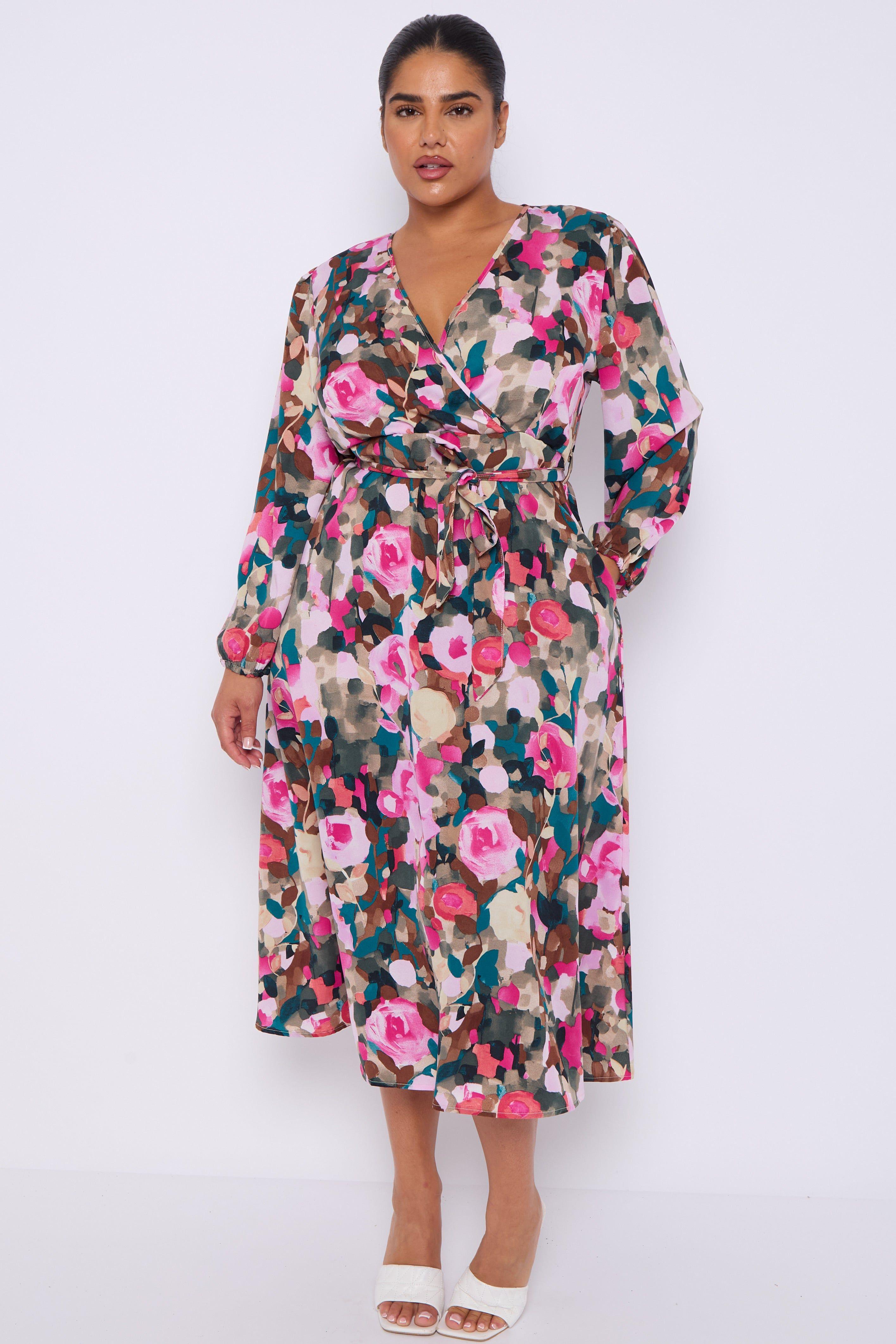Roses Print Teal Crossover Midi Dress by LOVE SUNSHINE