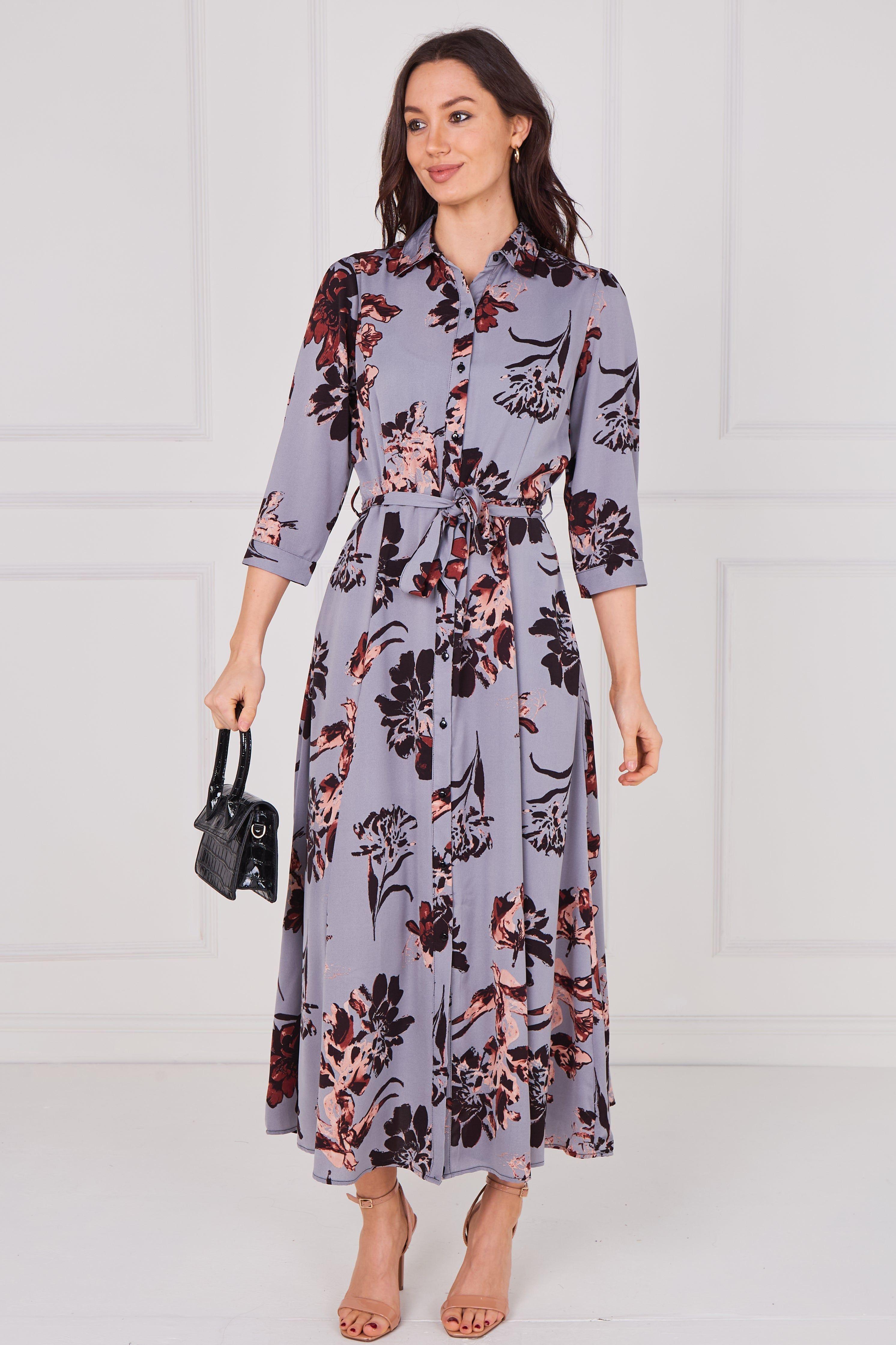 Slate Blue Blossom Print Belted Maxi Shirt Dress by LOVE SUNSHINE
