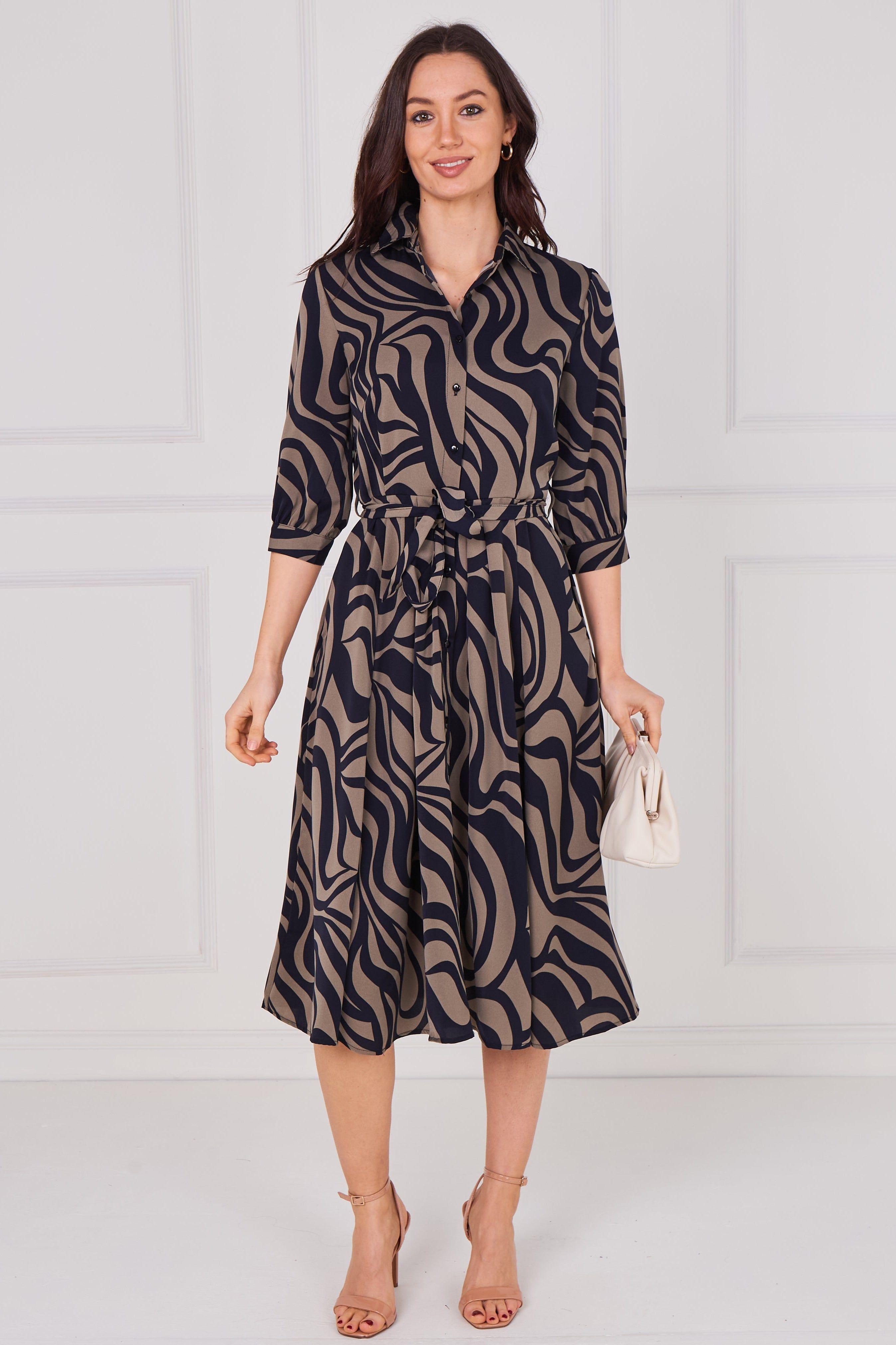 Smoky Olive Swirl Print Half Sleeve Midi Shirt Dress by LOVE SUNSHINE