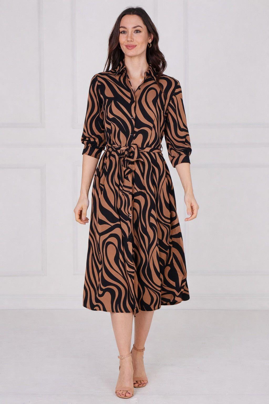 Tan Swirl Print Half Sleeve Midi Shirt Dress by LOVE SUNSHINE