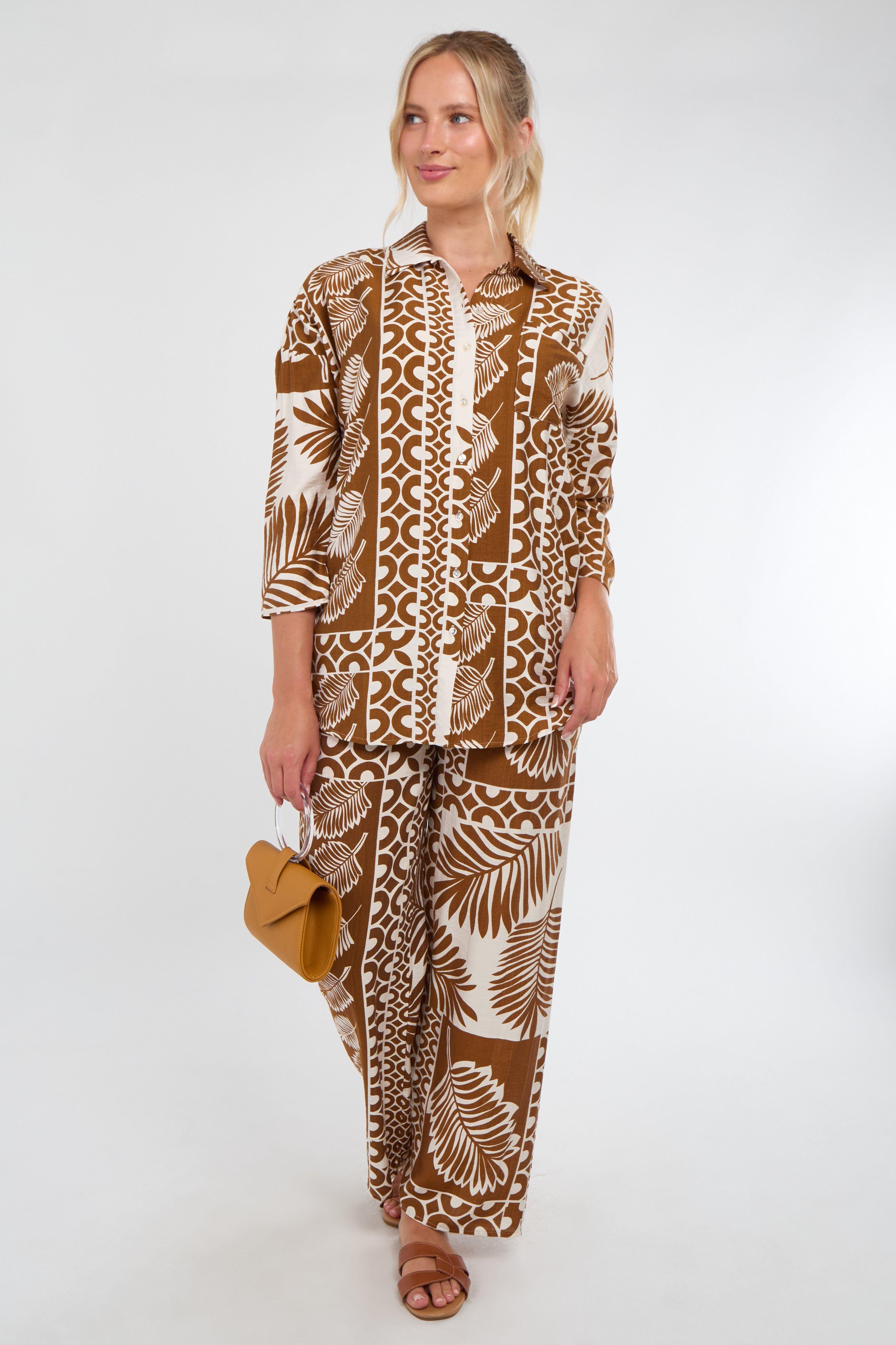 Tan and Cream Tropical Patch Print Co-Ord Set by LOVE SUNSHINE