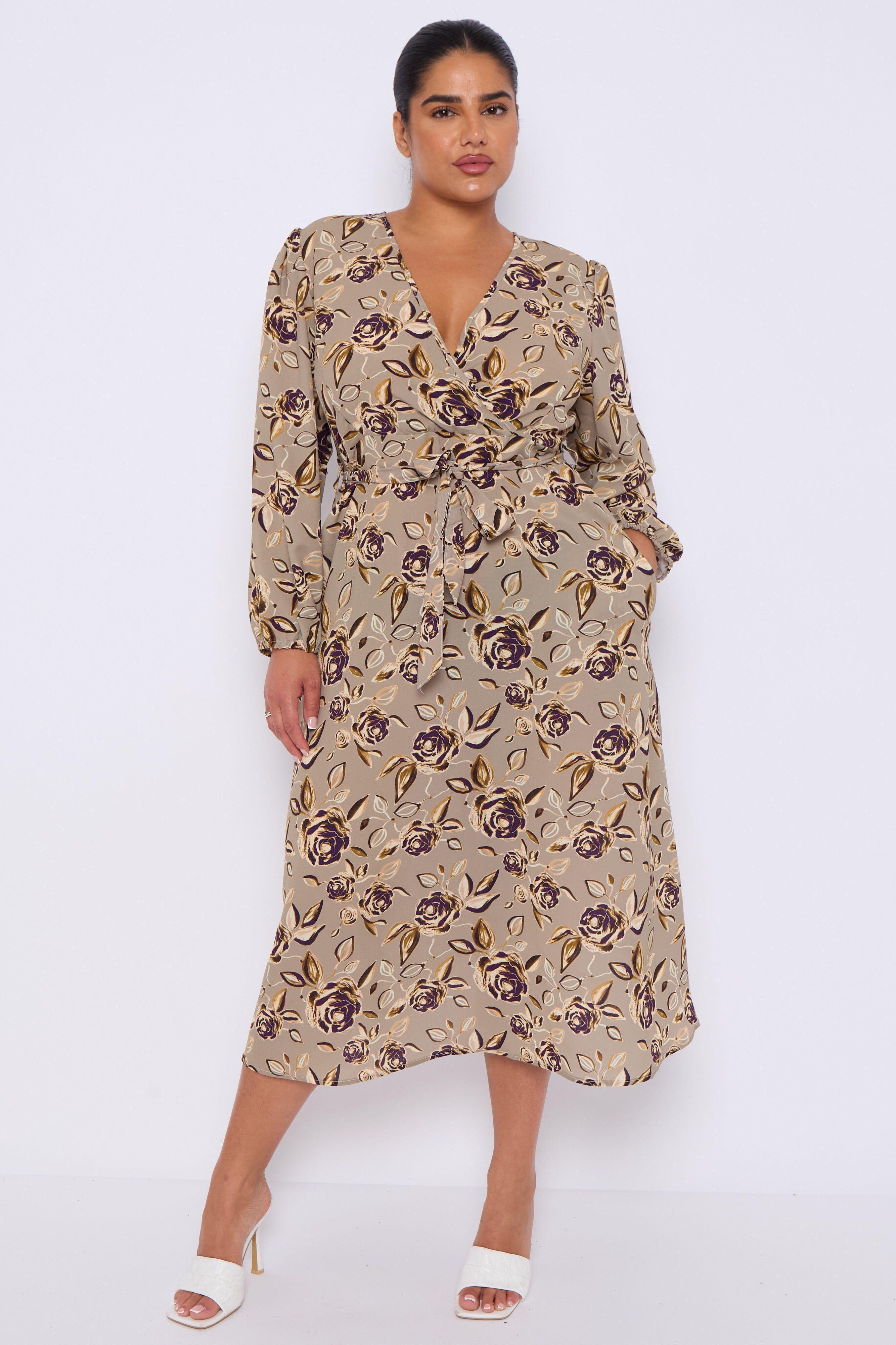 Taupe Rose Print Crossover Midi Dress by LOVE SUNSHINE