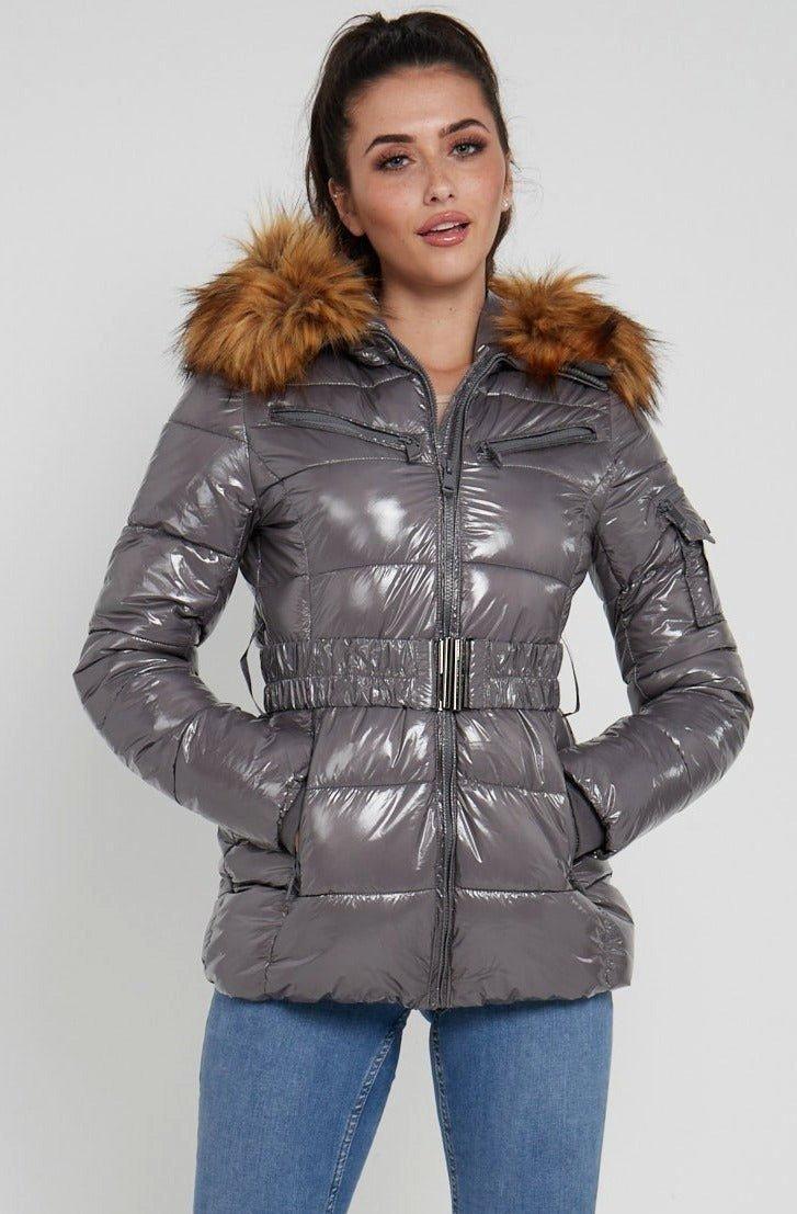 Wet Look Belted Puffer Coat with Faux Fur hood by LOVE SUNSHINE