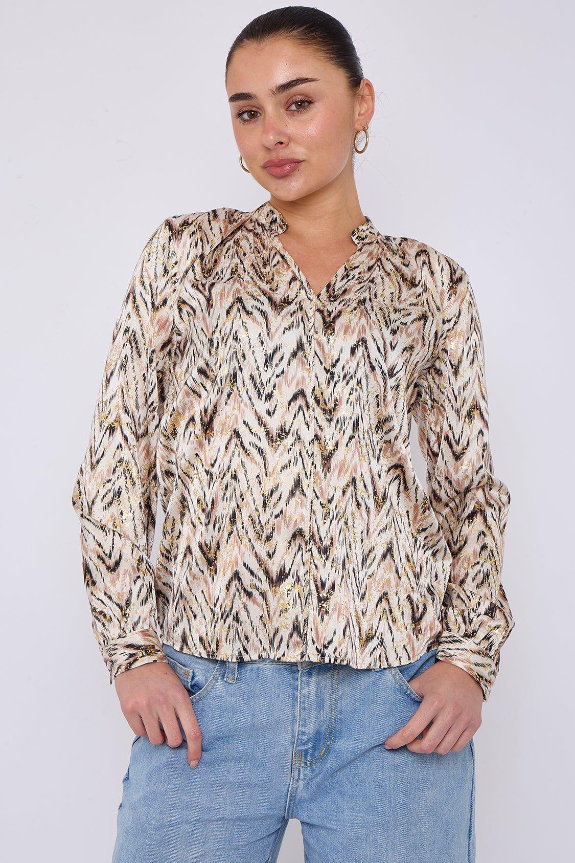 White Aztec Print Gold Foil Dotted Blouse by LOVE SUNSHINE