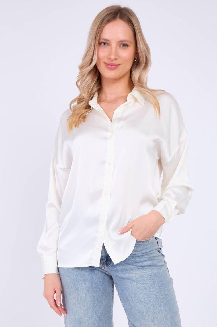 White Brushed Satin Oversized Shirt by LOVE SUNSHINE