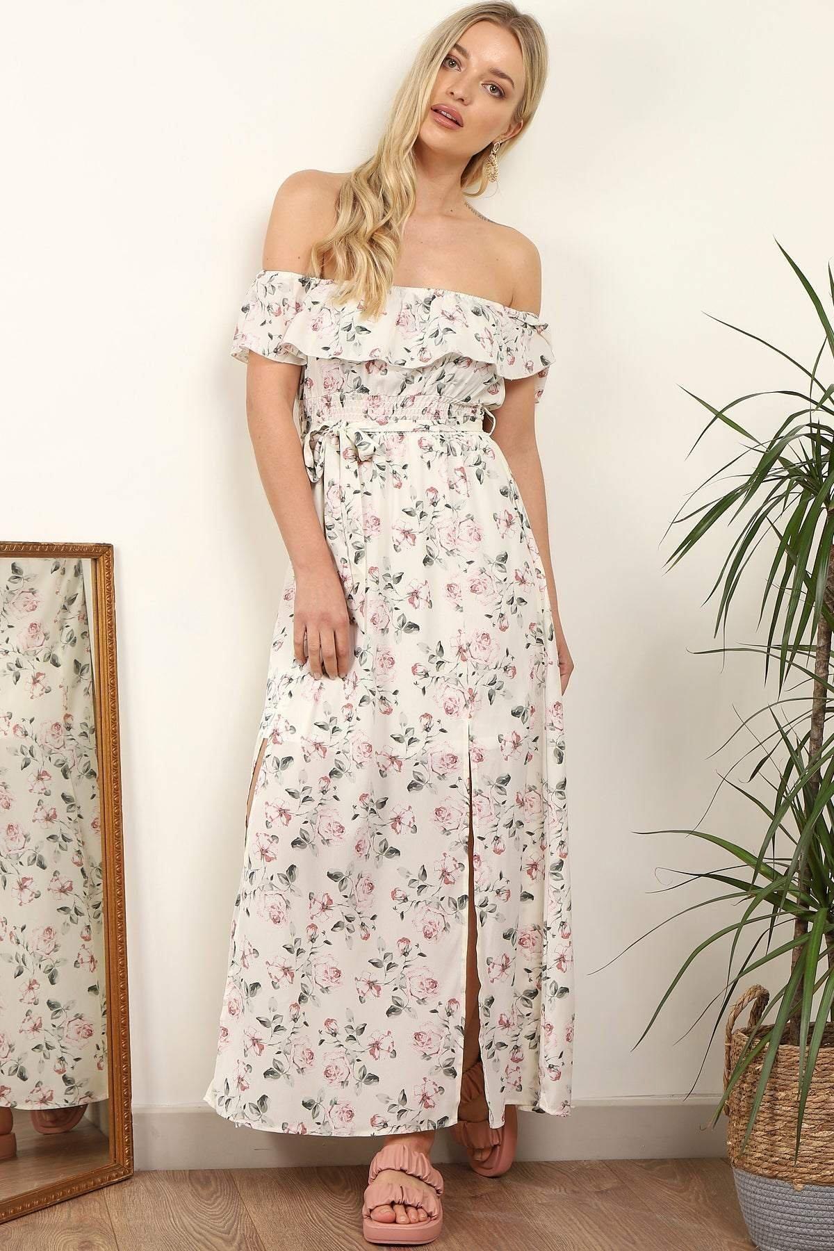 White Rose Printed Frill Bardot Maxi Dress by LOVE SUNSHINE White Rose Printed Frill Bardot Maxi Dress by LOVE SUNSHINE