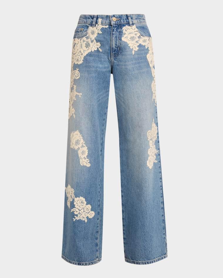 Bambie Lace Applique Jeans by LOVESHACKFANCY