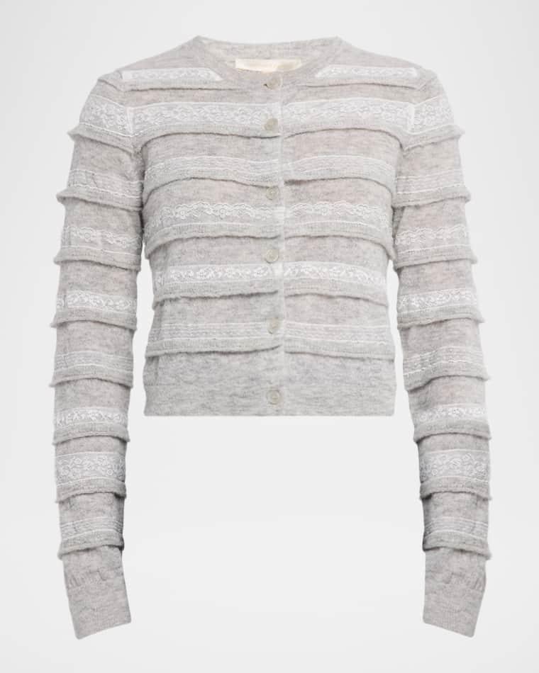 Claralise Alpaca-Blend Lace Stripe Cardigan by LOVESHACKFANCY