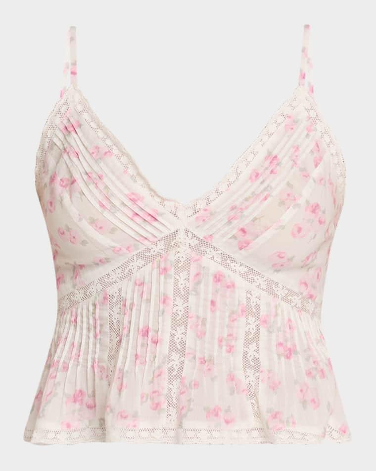 Elsette Floral Lace-Trim Peplum Tank Top by LOVESHACKFANCY