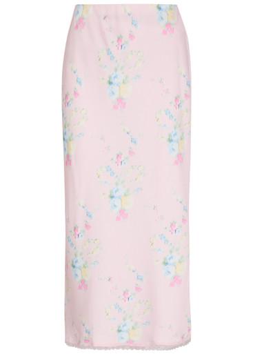 Kalo floral-print satin midi slip skirt by LOVESHACKFANCY