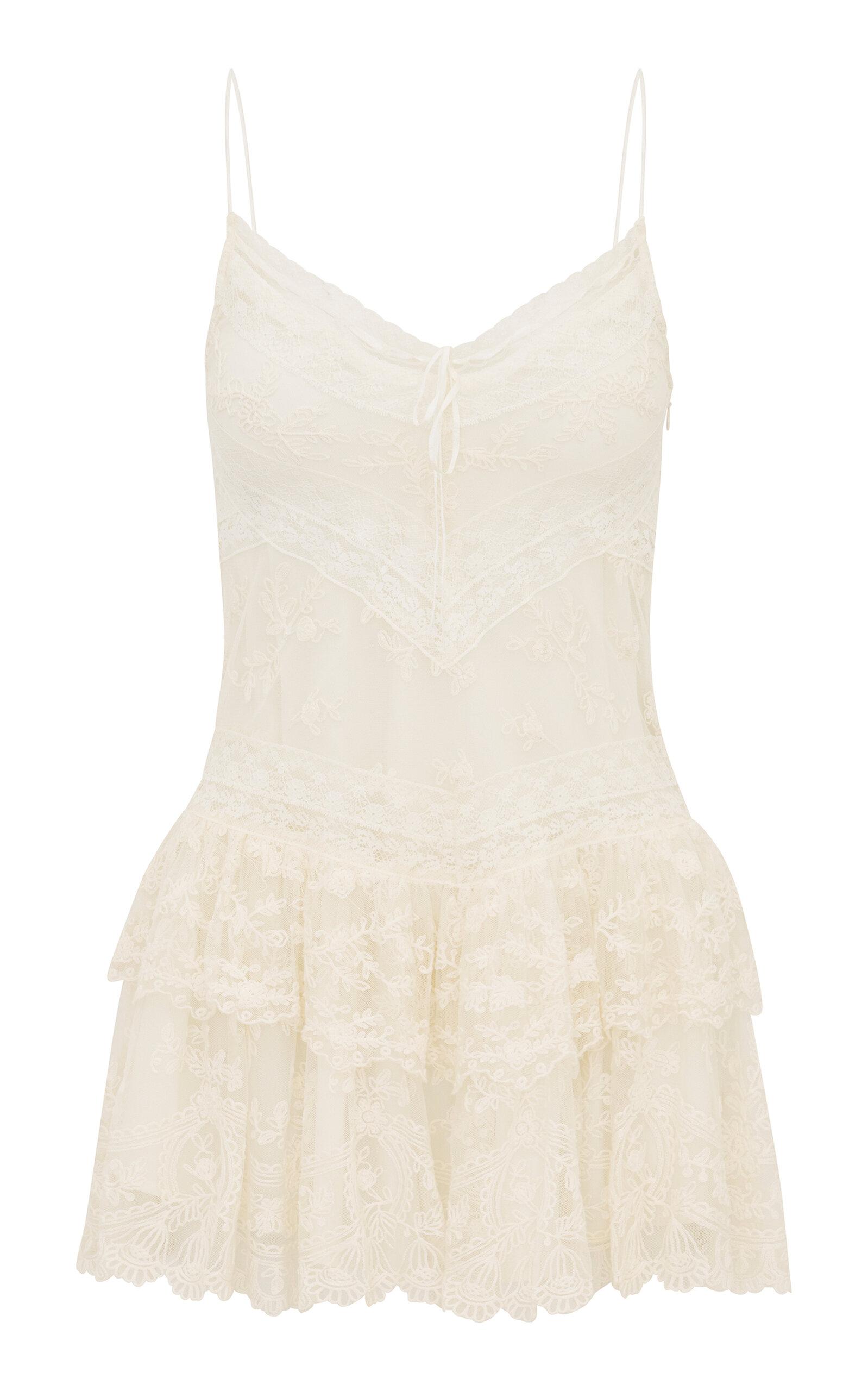 LoveShackFancy - Beauval Tiered Lace Mini Dress - Off-White - - Moda Operandi by LOVESHACKFANCY