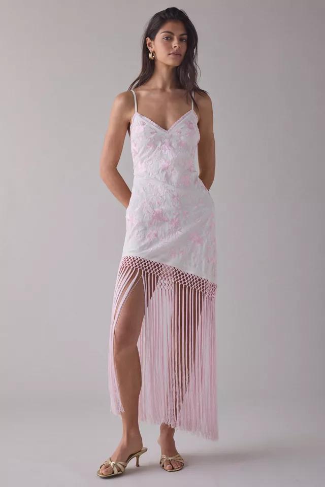 LoveShackFancy Evalette Floral Jacquard Asymmetric Fringe Maxi Dress by LOVESHACKFANCY