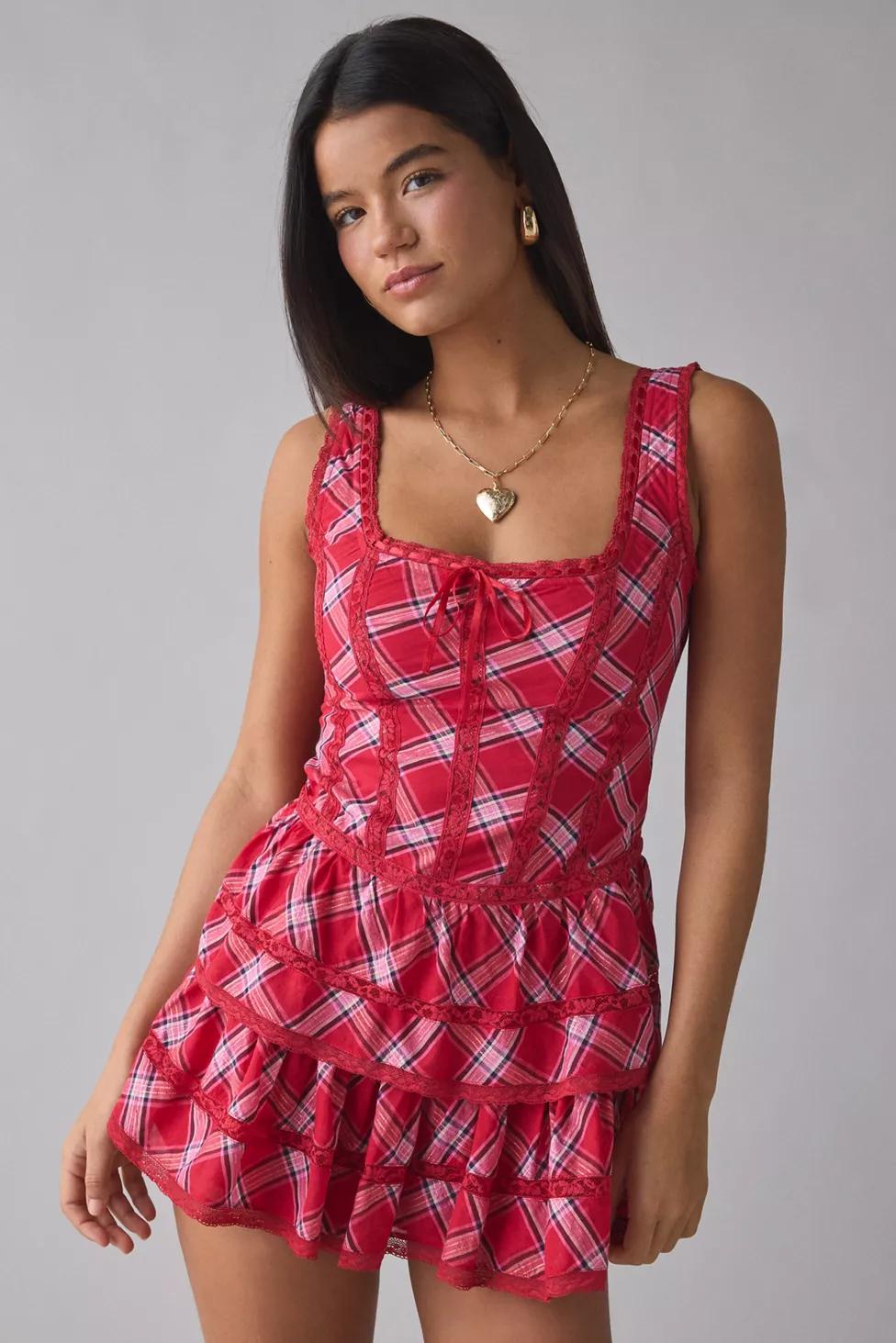 LoveShackFancy Torres Lace Trim Corset Tartan Mini Dress by LOVESHACKFANCY