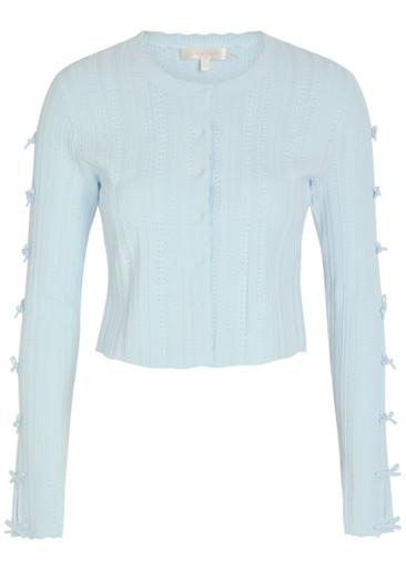 Zoriah bow-appliquéd pointelle-knit cardigan by LOVESHACKFANCY