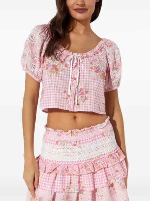 checked-pattern flower-embellishment blouse by LOVESHACKFANCY