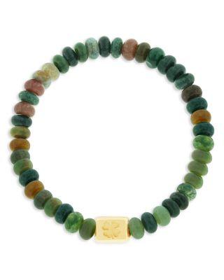 Men's 14K Yellow Gold Clover Ingot Indian Agate Beaded Bracelet by LUIS MORAIS