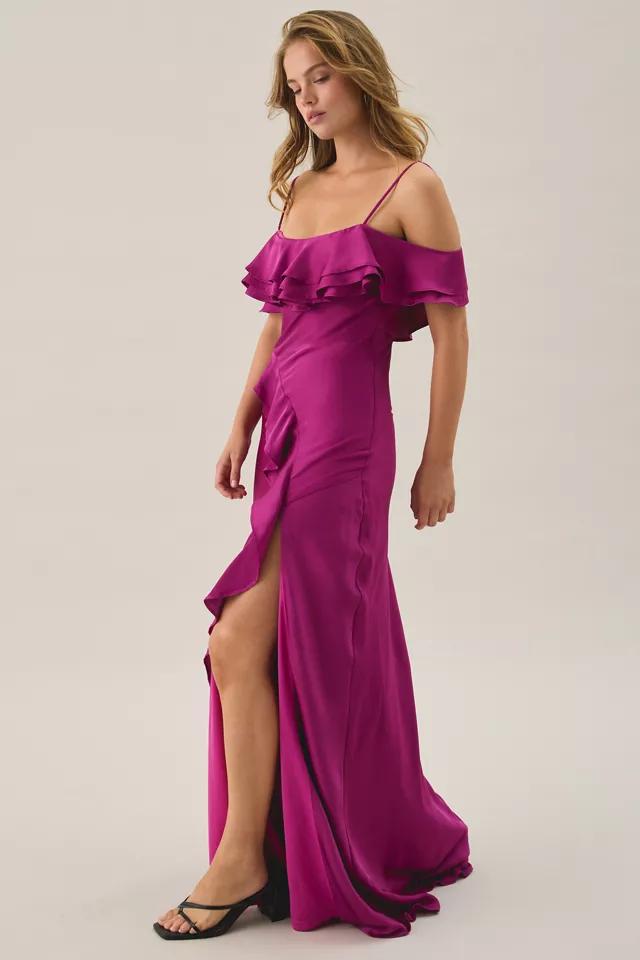 Lulus Aviva Berry Asymmetric Ruffle Off-The-Shoulder Maxi Dress by LULUS