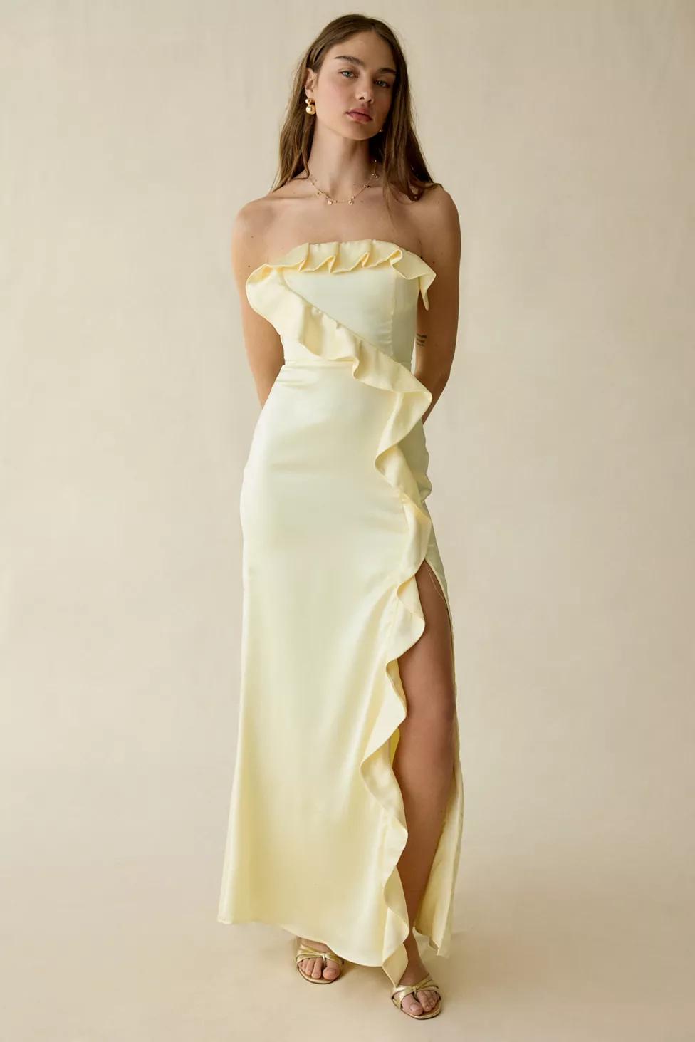 Lulus Bonnie Satin Asymmetric Ruffle Strapless Maxi Dress by LULUS