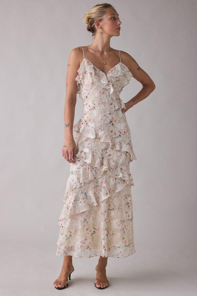 Lulus Bryson Embroidered Floral Asymmetric Ruffle Maxi Dress by LULUS