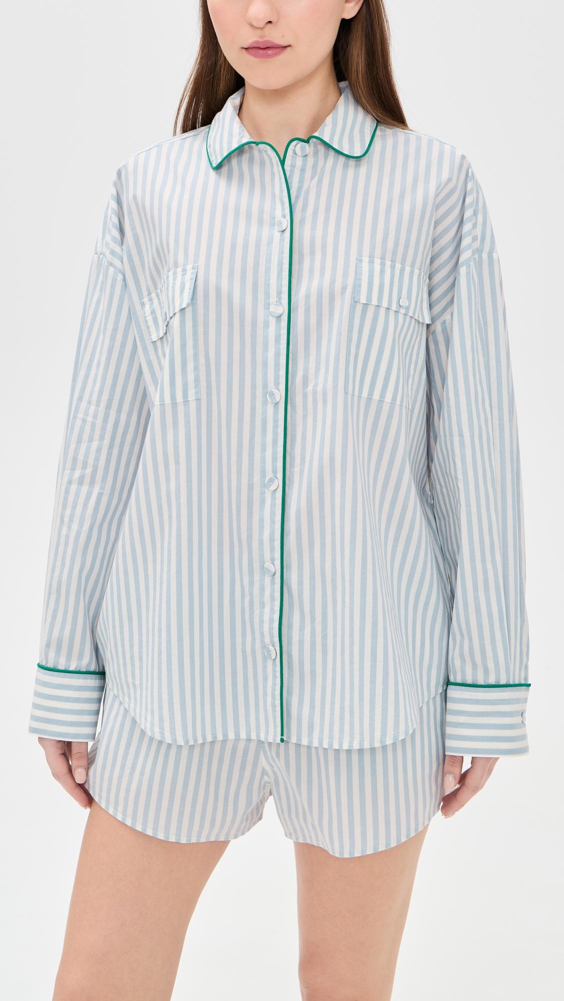 Airy Cotton Piped Button Down Pajama Top by LUNYA