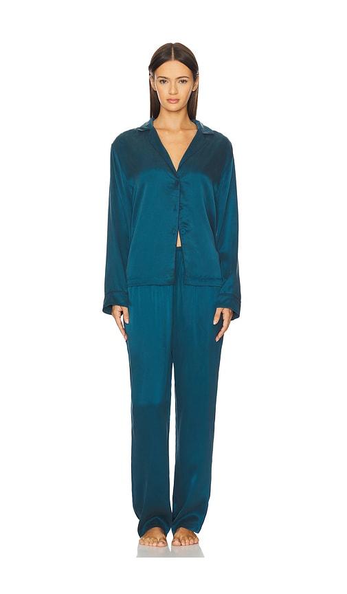 LUNYA Washable Silk Piped Long Sleeve Pant Set in Teal by LUNYA
