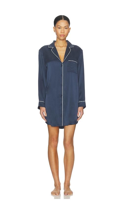 LUNYA Washable Silk Piped Sleep Shirt Dress in Navy by LUNYA