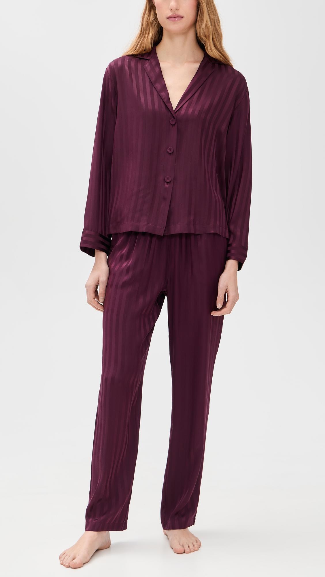 Washable Silk Striped Jacquard Long Sleeve Pajama Set by LUNYA
