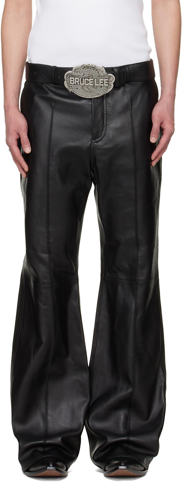BRUCE LEE x LỰU ĐẠN Black LỰU Bells Bell Bottom Leather Pants by LU'U DAN
