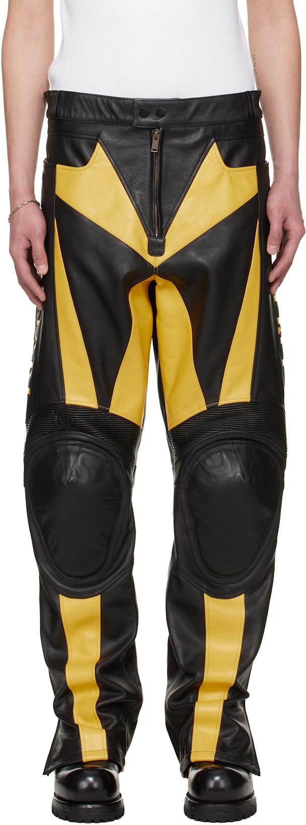 BRUCE LEE x LỰU ĐẠN Black & Yellow Moto Racing Leather Pants by LU'U DAN