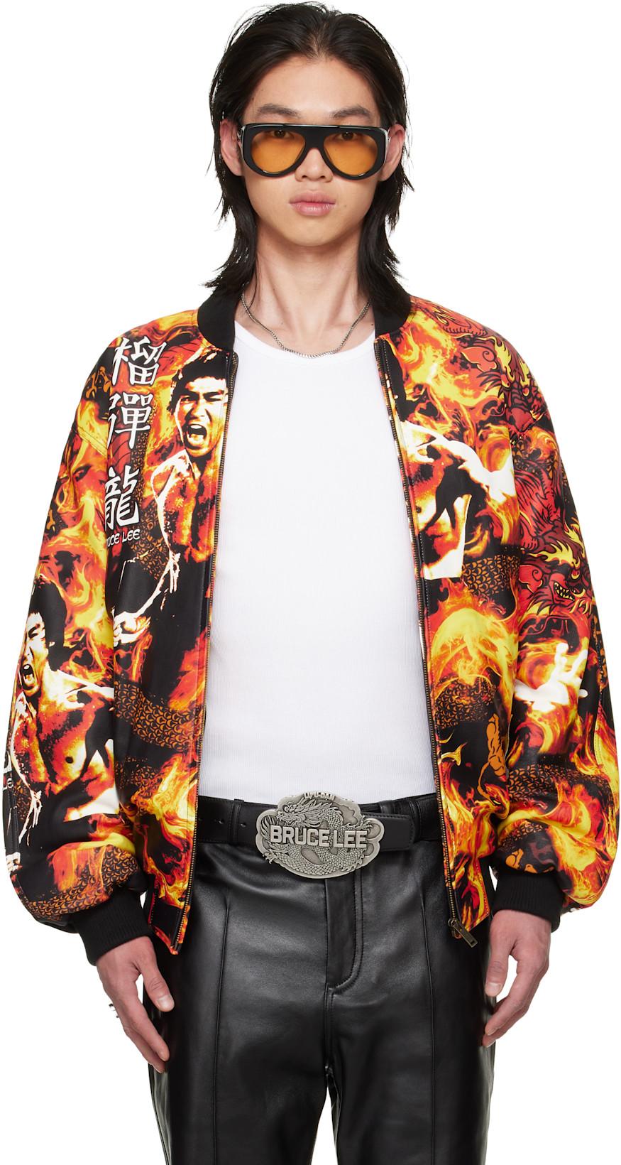 BRUCE LEE x LỰU ĐẠN Orange & Black 'Bruce Lee' Leather Bomber Jacket by LU'U DAN
