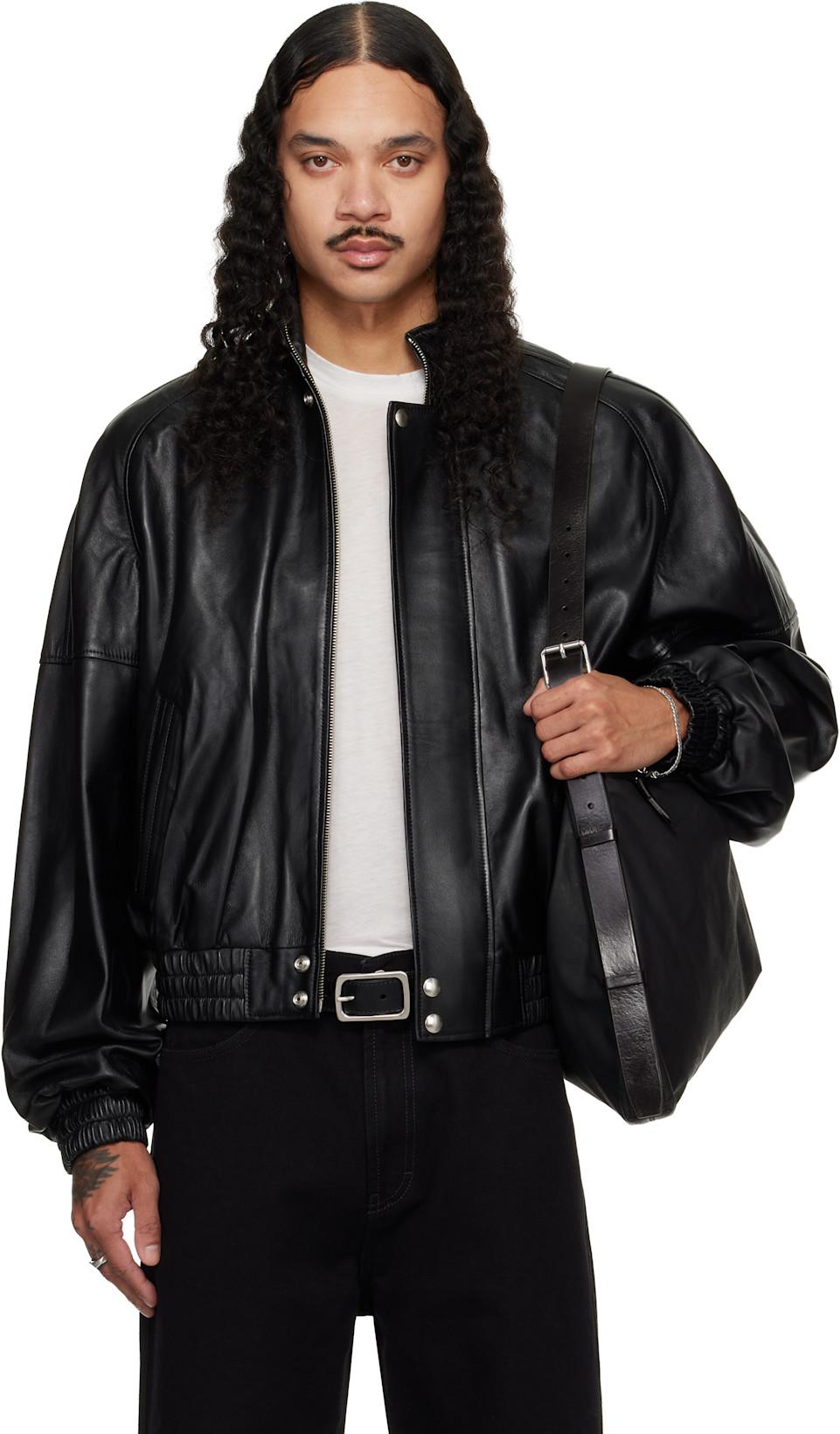 Black Blouson Leather Jacket by LU'U DAN